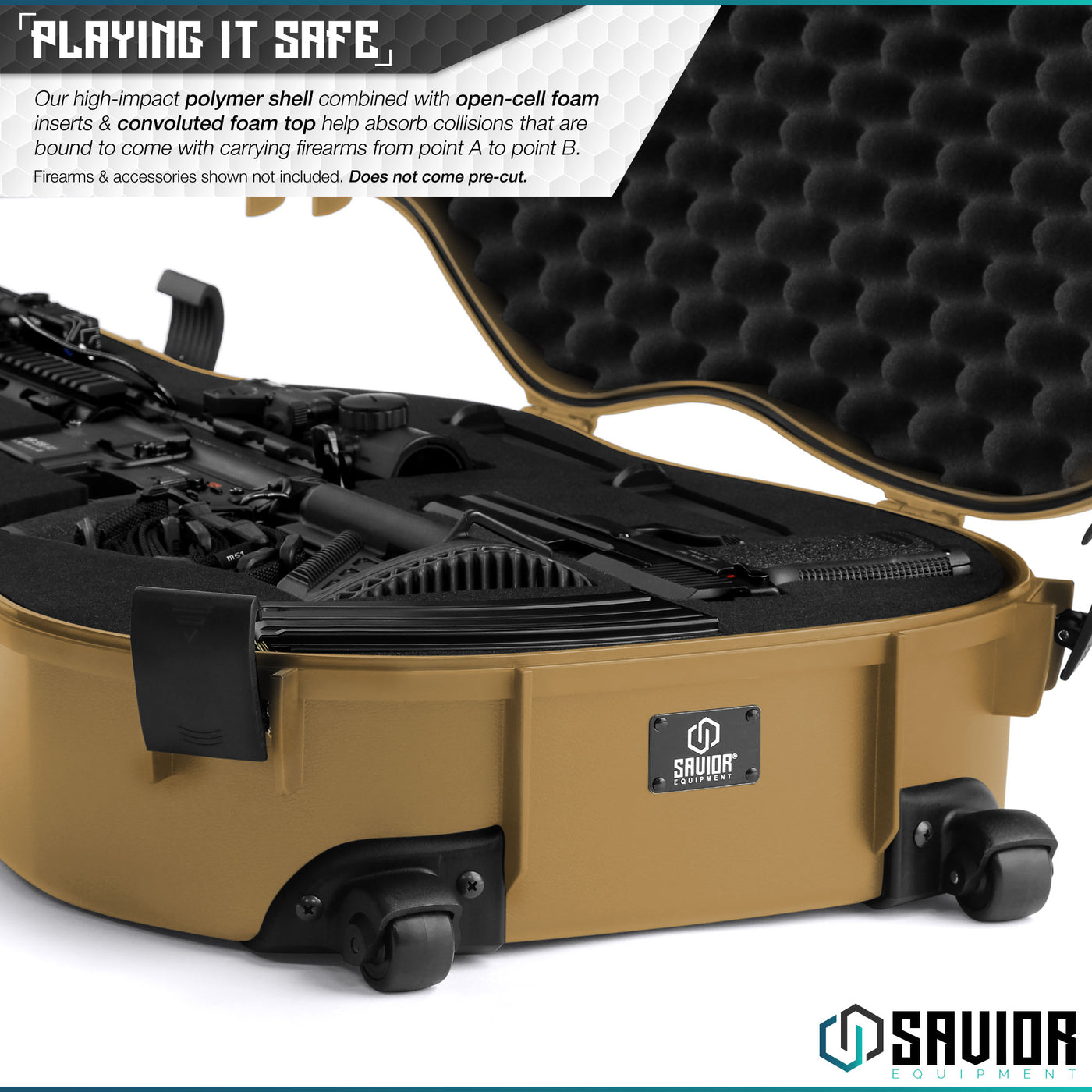 Playing-It Safe - Our high-impact polymer shell combined with open-cell foam inserts & convoluted foam top help absorb collisions that are bound to come with carrying firearms from point A to point B. Firearms & accessories shown not included. Does not come pre-cut.