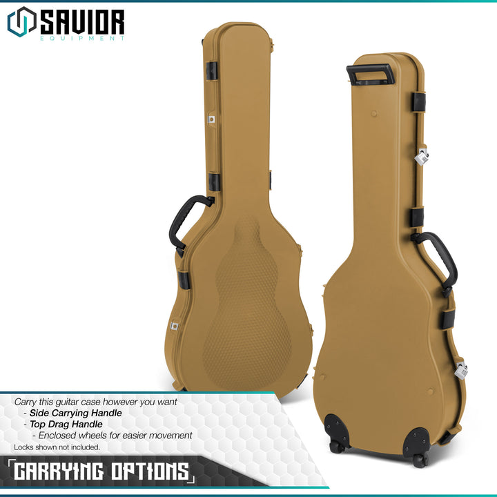 Multiple Carrying Options - You can carry our guitar case with side carrying handle or top drag handle with enclosed wheels for easier movement. Locks shown not included.#color_ral-8000-tan
