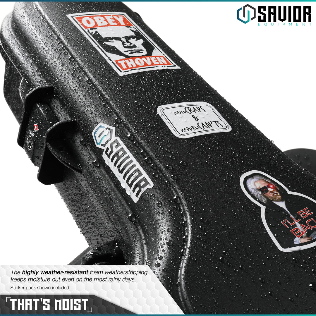 That?€?s Moist - The highly weather-resistant foam weatherstripping keeps moisture out even on the most rainy days. Sticker pack shown included.