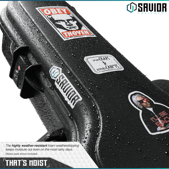 That?€?s Moist - The highly weather-resistant foam weatherstripping keeps moisture out even on the most rainy days. Sticker pack shown included.