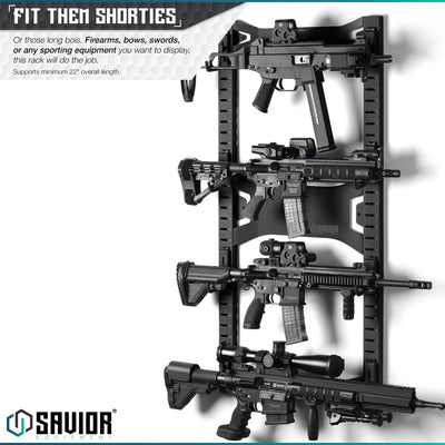Fit Them Shorties - Or those long bois. Firearms, bows and arrows, or any sporting equipment you want to display, this rack will do the job. Supports minimum 22" overall length.#color_obsidian-black