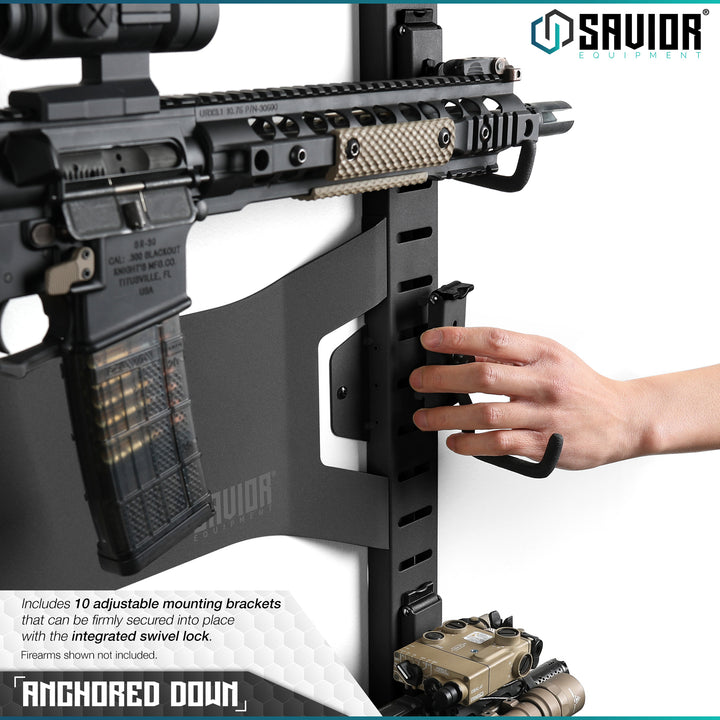 Anchored Down - Includes 10 adjustable mounting brackets that can be firmly secured into place with the integrated swivel lock. Firearms shown not included.#color_obsidian-black