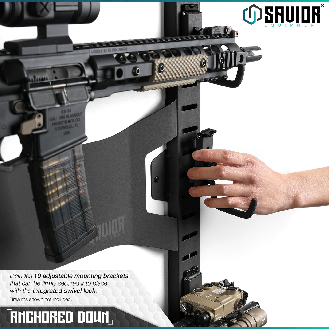 Anchored Down - Includes 10 adjustable mounting brackets that can be firmly secured into place with the integrated swivel lock. Firearms shown not included.