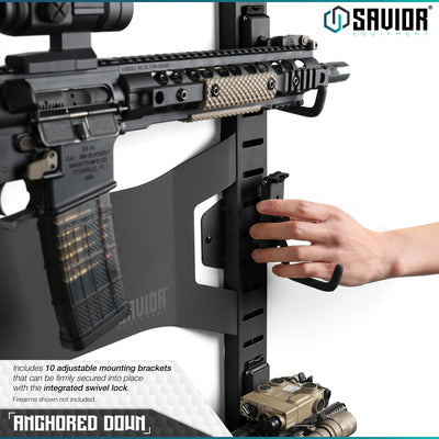 Anchored Down - Includes 10 adjustable mounting brackets that can be firmly secured into place with the integrated swivel lock. Firearms shown not included.