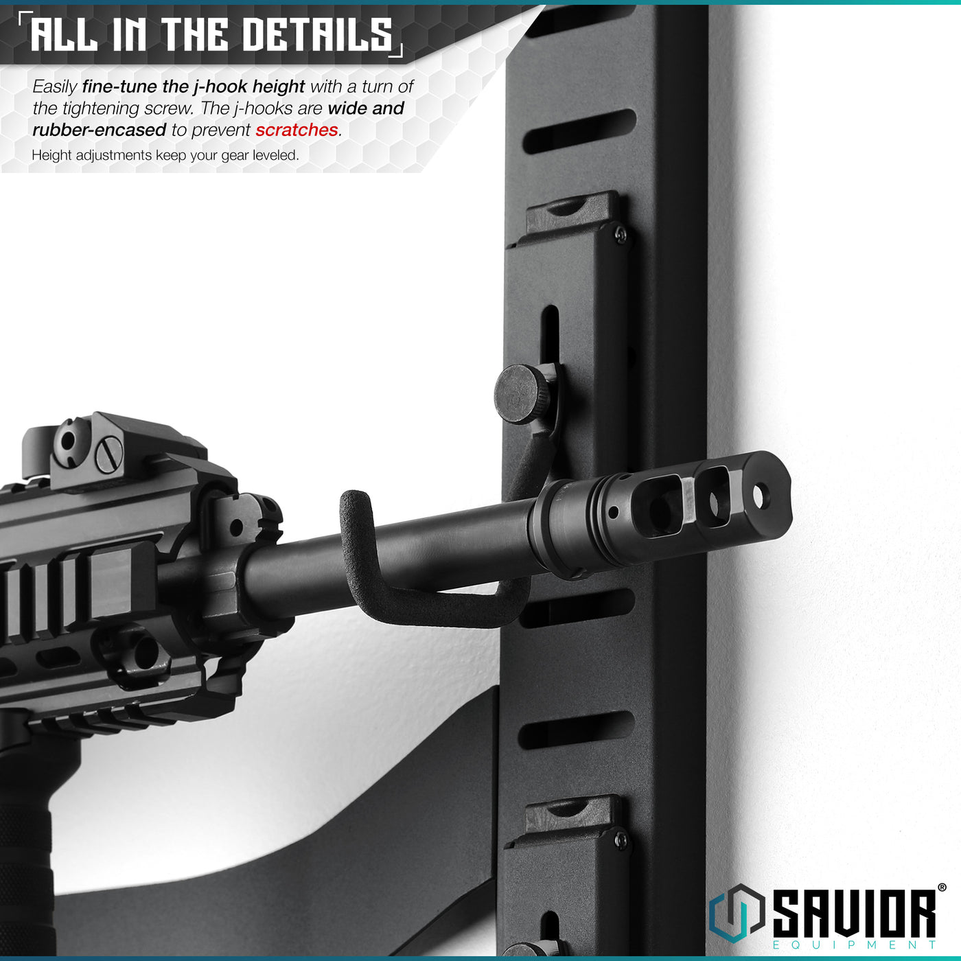 All In The Details - Easily fine-tune the j-hook height with a turn of the tightening screw. The j-hooks are rubber-encased to prevent scratches. Height Adjustments keep your gear leveled.#color_obsidian-black