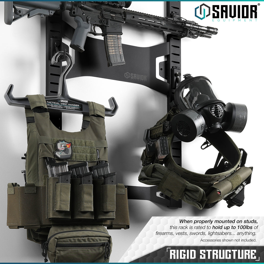 Rigid Structure - When properly mounted on studs, this rack is rated to hold up to 100lbs of firearms, vests, swords, lightsabers... anything. Accessories shown not included.#color_obsidian-black