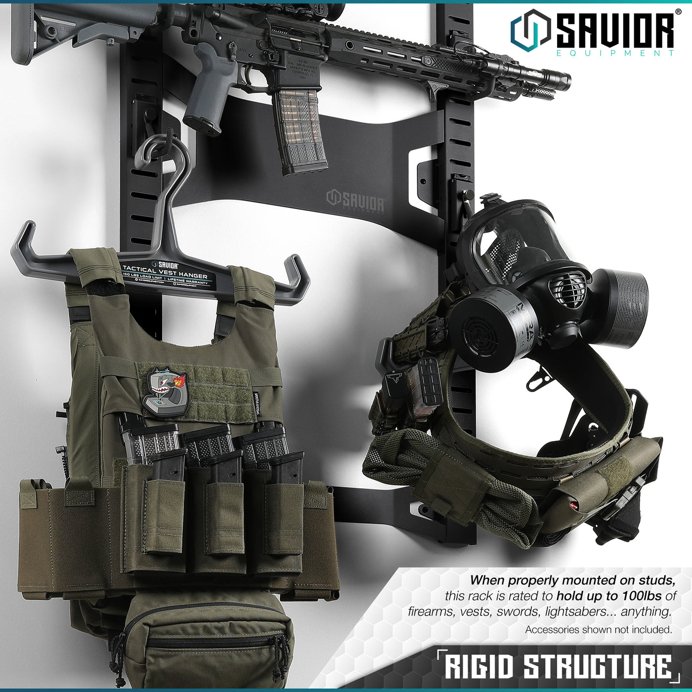 Rigid Structure - When properly mounted on studs, this rack is rated to hold up to 100lbs of firearms, vests, swords, lightsabers... anything. Accessories shown not included.