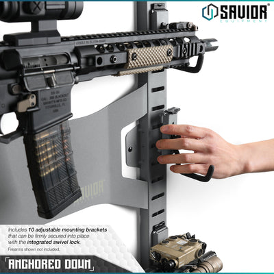 Anchored Down - Includes 10 adjustable mounting brackets that can be firmly secured into place with the integrated swivel lock. Firearms shown not included.#color_sw-gray