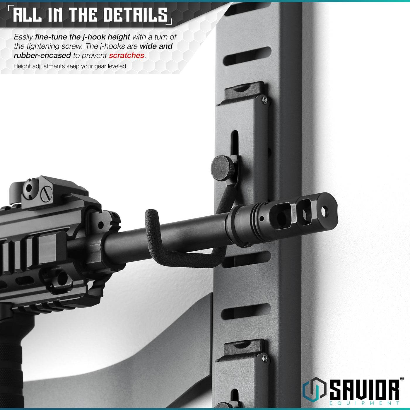 All In The Details - Easily fine-tune the j-hook height with a turn of the tightening screw. The j-hooks are rubber-encased to prevent scratches. Height Adjustments keep your gear leveled.#color_sw-gray