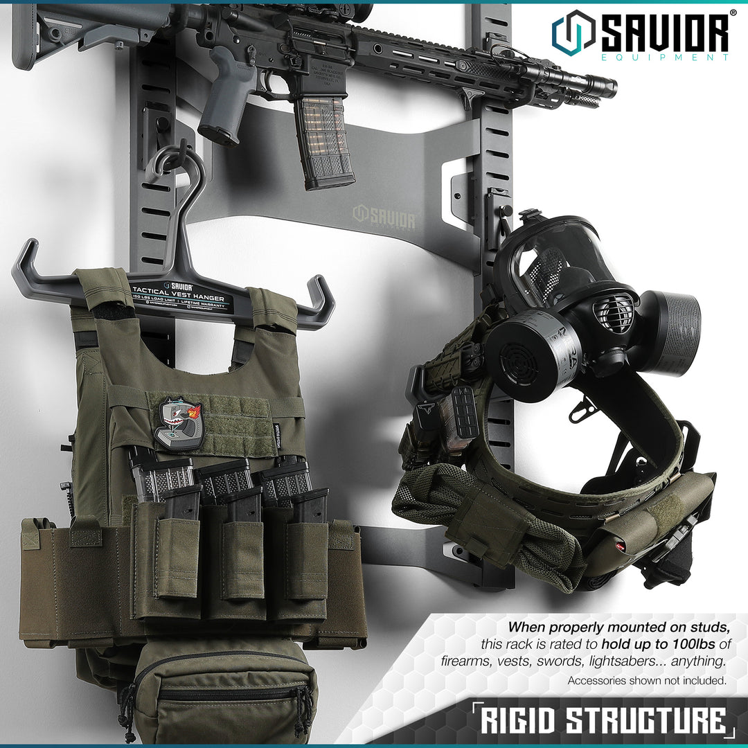 Rigid Structure - When properly mounted on studs, this rack is rated to hold up to 100lbs of firearms, vests, swords, lightsabers... anything. Accessories shown not included.#color_sw-gray
