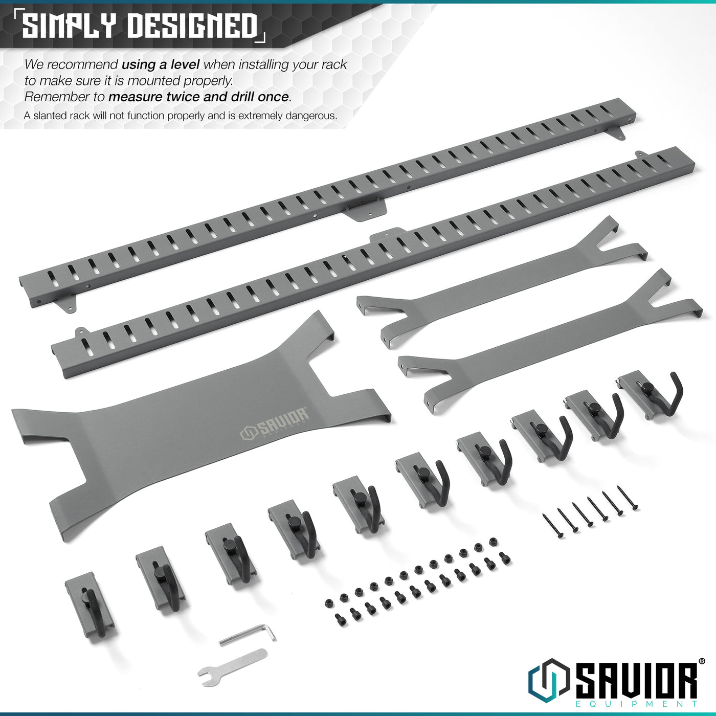 Simply Designed - We recommend using a level when installing your rack to make sure it is mounted properly. Remember to measure twice and drill once. A slanted rack will not function properly and is extremely dangerous.#color_sw-gray