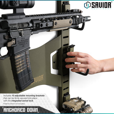 Anchored Down - Includes 10 adjustable mounting brackets that can be firmly secured into place with the integrated swivel lock. Firearms shown not included.#color_od-green