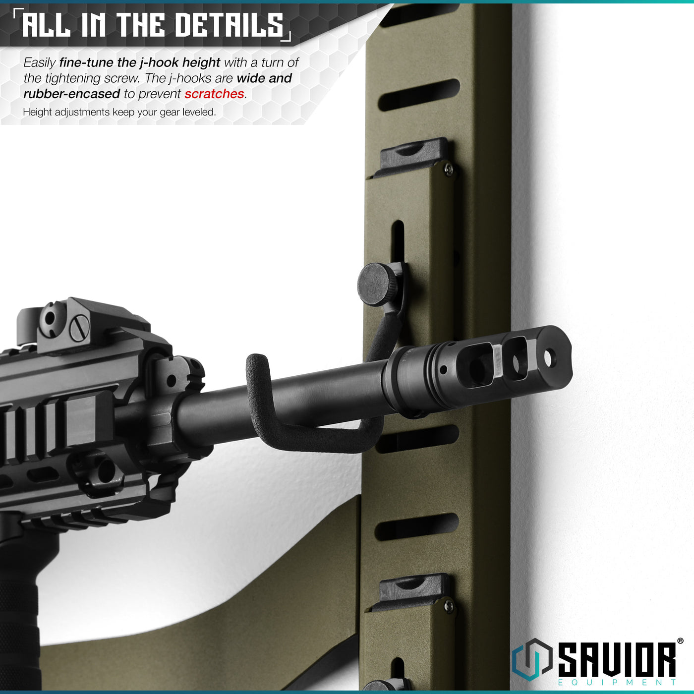 All In The Details - Easily fine-tune the j-hook height with a turn of the tightening screw. The j-hooks are rubber-encased to prevent scratches. Height Adjustments keep your gear leveled.#color_od-green