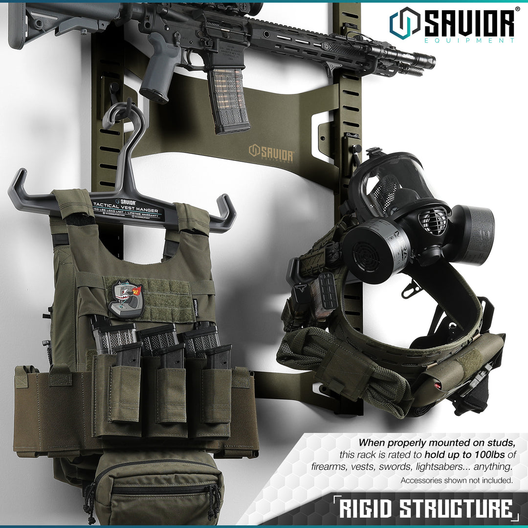 Rigid Structure - When properly mounted on studs, this rack is rated to hold up to 100lbs of firearms, vests, swords, lightsabers... anything. Accessories shown not included.#color_od-green
