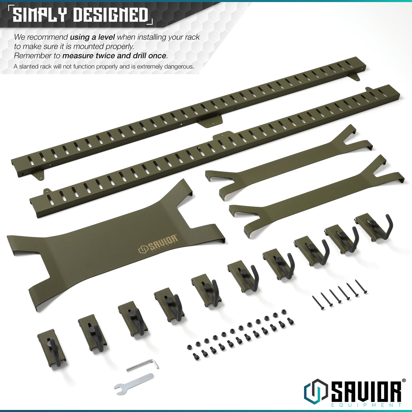 Simply Designed - We recommend using a level when installing your rack to make sure it is mounted properly. Remember to measure twice and drill once. A slanted rack will not function properly and is extremely dangerous.#color_od-green