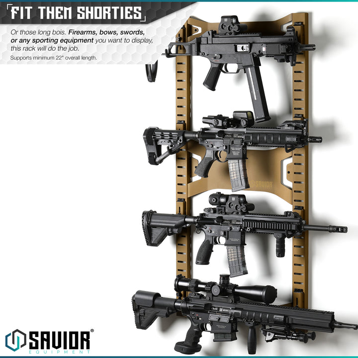 Fit Them Shorties - Or those long bois. Firearms, bows and arrows, or any sporting equipment you want to display, this rack will do the job. Supports minimum 22" overall length.#color_ral-8000-tan