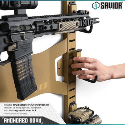 Anchored Down - Includes 10 adjustable mounting brackets that can be firmly secured into place with the integrated swivel lock. Firearms shown not included.