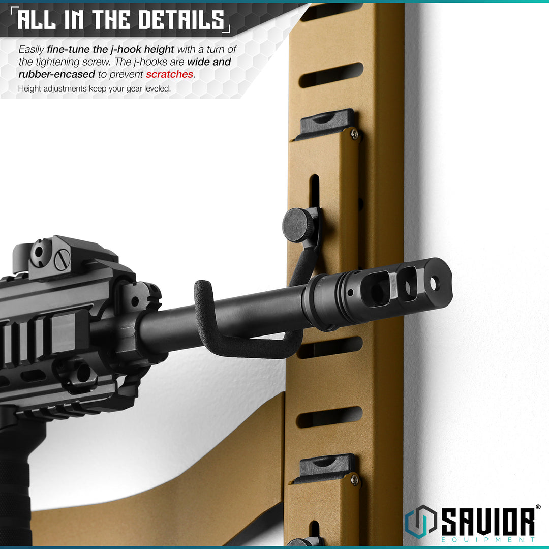 All In The Details - Easily fine-tune the j-hook height with a turn of the tightening screw. The j-hooks are rubber-encased to prevent scratches. Height Adjustments keep your gear leveled.#color_ral-8000-tan