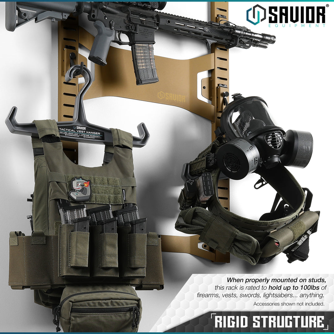 Rigid Structure - When properly mounted on studs, this rack is rated to hold up to 100lbs of firearms, vests, swords, lightsabers... anything. Accessories shown not included.#color_ral-8000-tan