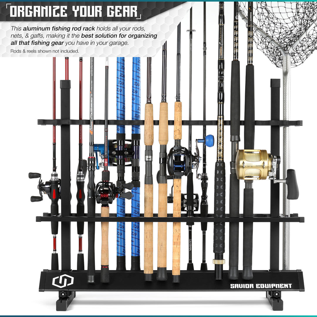 Organize Your Gear - This aluminum fishing rod rack holds all your rods, nets & gaffs. Making it the best solution for organizing all that fishing gear you have in your garage. Rods & reels shown not included.#color_carbon-black#size_36-slot