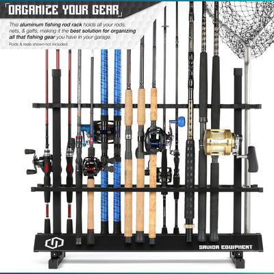 Organize Your Gear - This aluminum fishing rod rack holds all your rods, nets & gaffs. Making it the best solution for organizing all that fishing gear you have in your garage. Rods & reels shown not included.