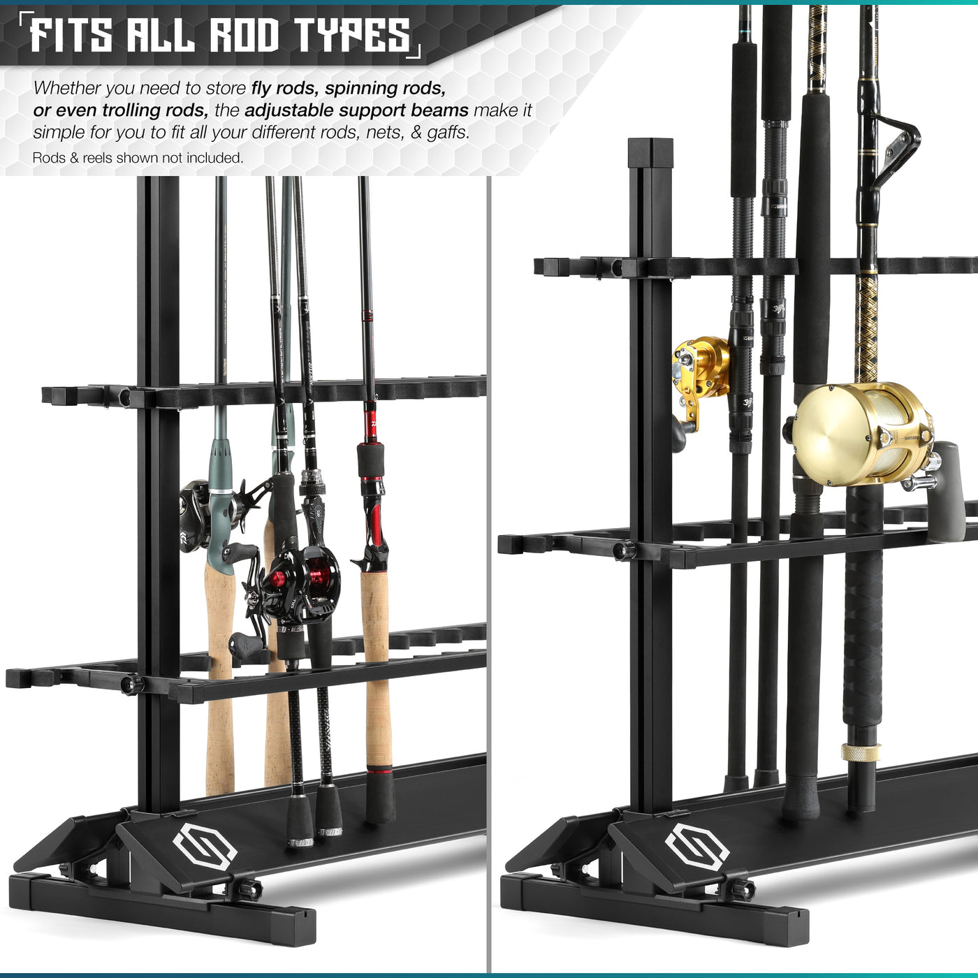 Fits All Rod Types - Whether you need to store fly rods, spinning rods, or even trolling rods, the adjustable support beams make it simple for you to fit all your different rods, nets & gaffs. Rods & reels shown not included.