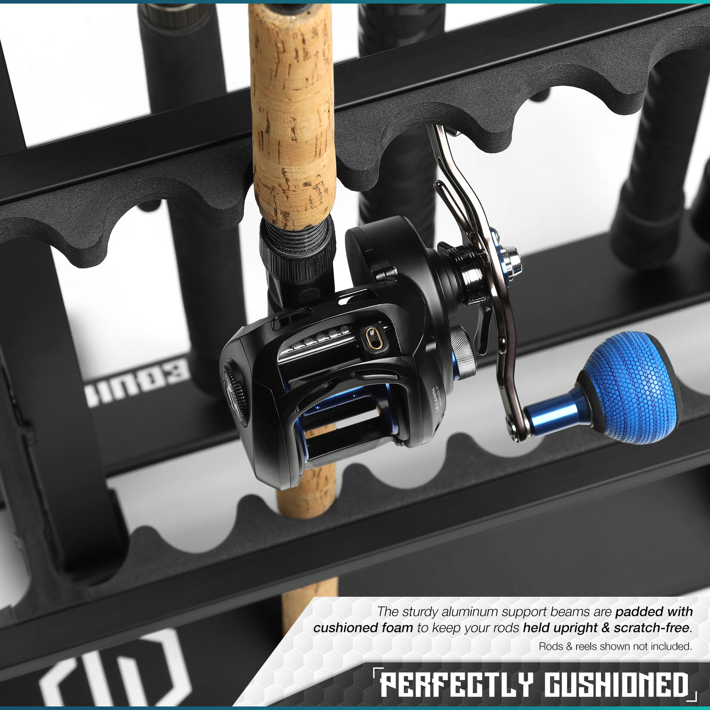 Perfectly Cushioned - The sturdy aluminum support beams are padded with cushioned foam to keep your rods help upright & scratch-free. Rods & reels shown not included.