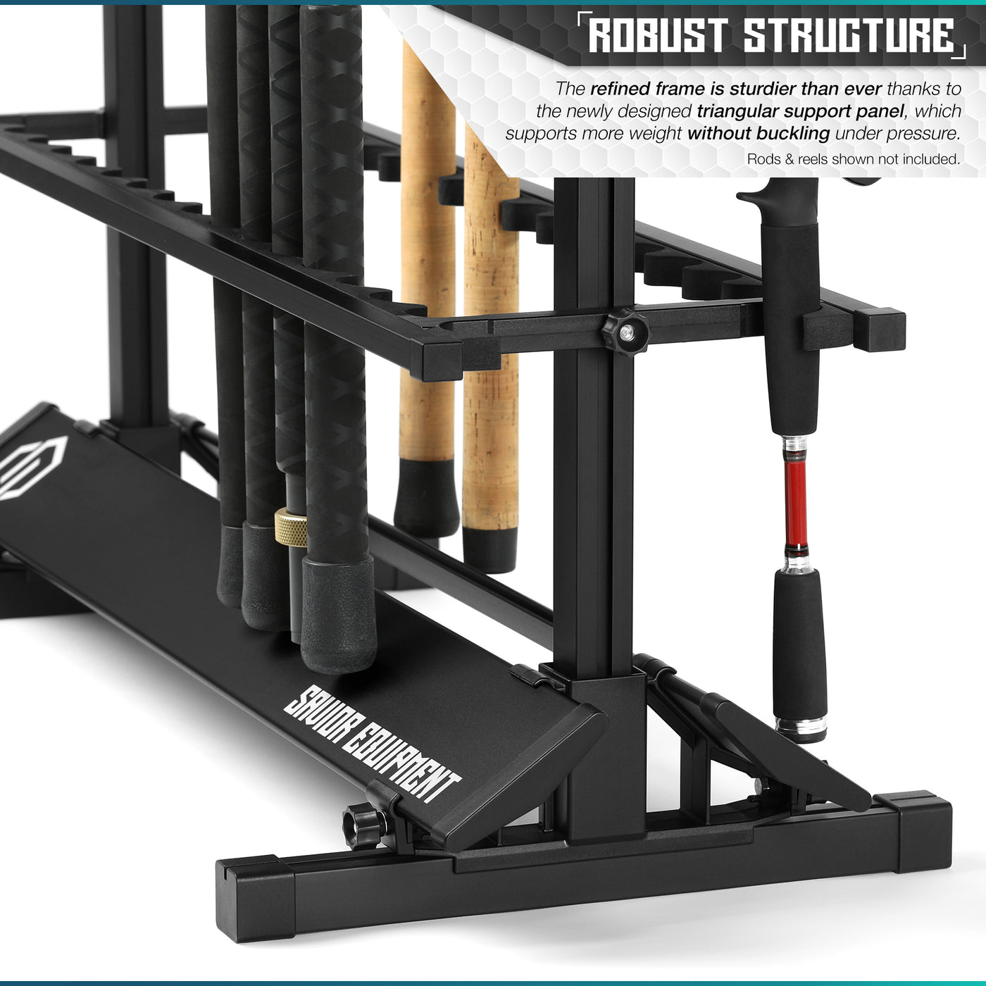 Robust Structure - The refinded frame is sturdier than ever thanks to the newly desgined triangular support level, which supports more weight without buckling under pressure. Rods & reels shown not included.