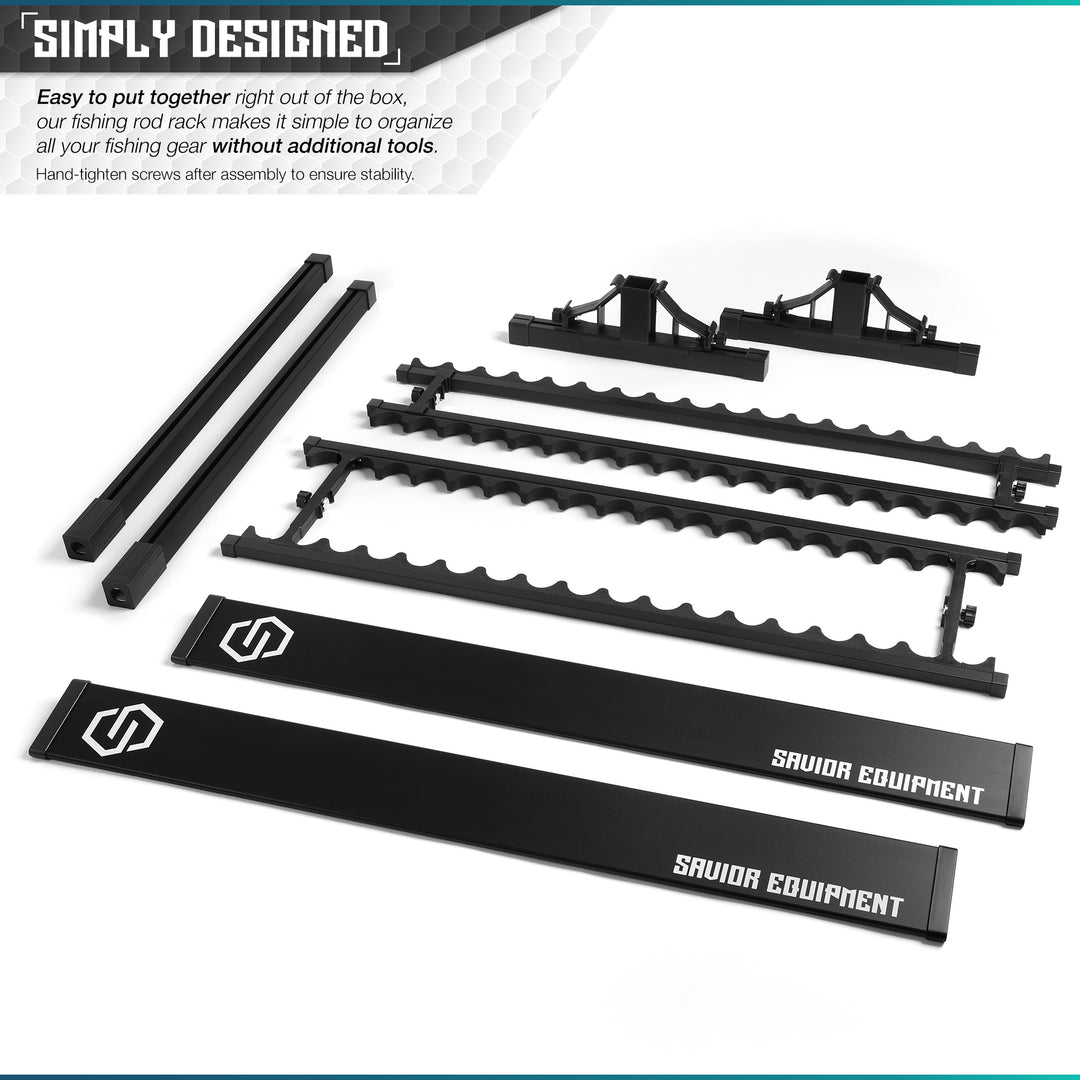 Simply Designed - Easy to put together right out of the box, our fishing rod rack makes it simple to organize all your fishing gear without additional tools. Hand-tighten screws after assembly to ensure stability.#color_carbon-black#size_36-slot