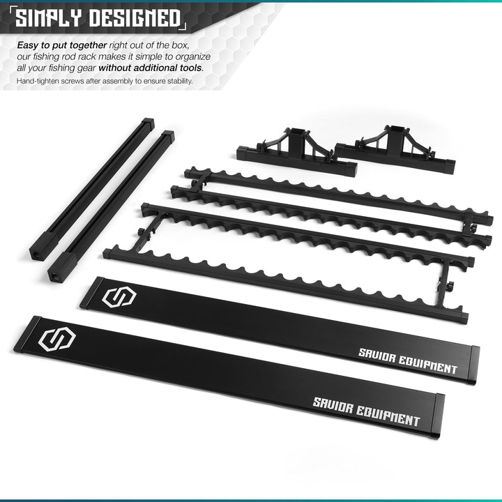 Simply Designed - Easy to put together right out of the box, our fishing rod rack makes it simple to organize all your fishing gear without additional tools. Hand-tighten screws after assembly to ensure stability.#color_carbon-black#size_36-slot