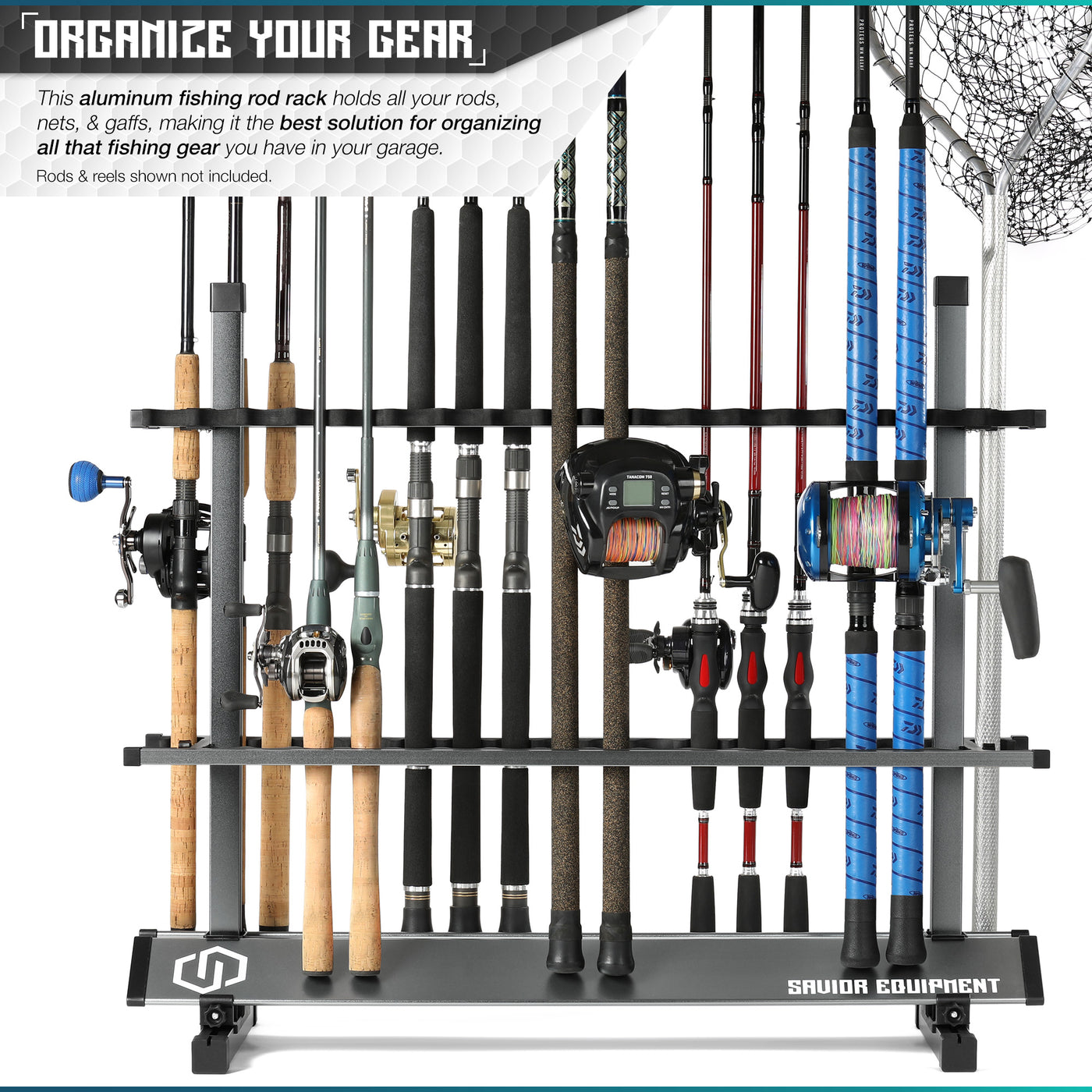 Organize Your Gear - This aluminum fishing rod rack holds all your rods, nets & gaffs. Making it the best solution for organizing all that fishing gear you have in your garage. Rods & reels shown not included.#color_gunmetal-gray