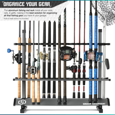 Organize Your Gear - This aluminum fishing rod rack holds all your rods, nets & gaffs. Making it the best solution for organizing all that fishing gear you have in your garage. Rods & reels shown not included.#color_gunmetal-gray