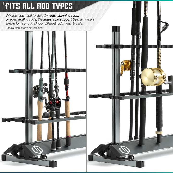 Fits All Rod Types - Whether you need to store fly rods, spinning rods, or even trolling rods, the adjustable support beams make it simple for you to fit all your different rods, nets & gaffs. Rods & reels shown not included.#color_gunmetal-gray#size_36-slot