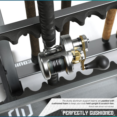 Perfectly Cushioned - The sturdy aluminum support beams are padded with cushioned foam to keep your rods help upright & scratch-free. Rods & reels shown not included.#color_gunmetal-gray