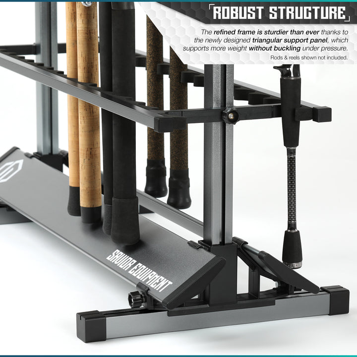 Robust Structure - The refined frame is sturdier than ever thanks to the newly desgined triangular support level, which supports more weight without buckling under pressure. Rods & reels shown not included.#color_gunmetal-gray#size_36-slot