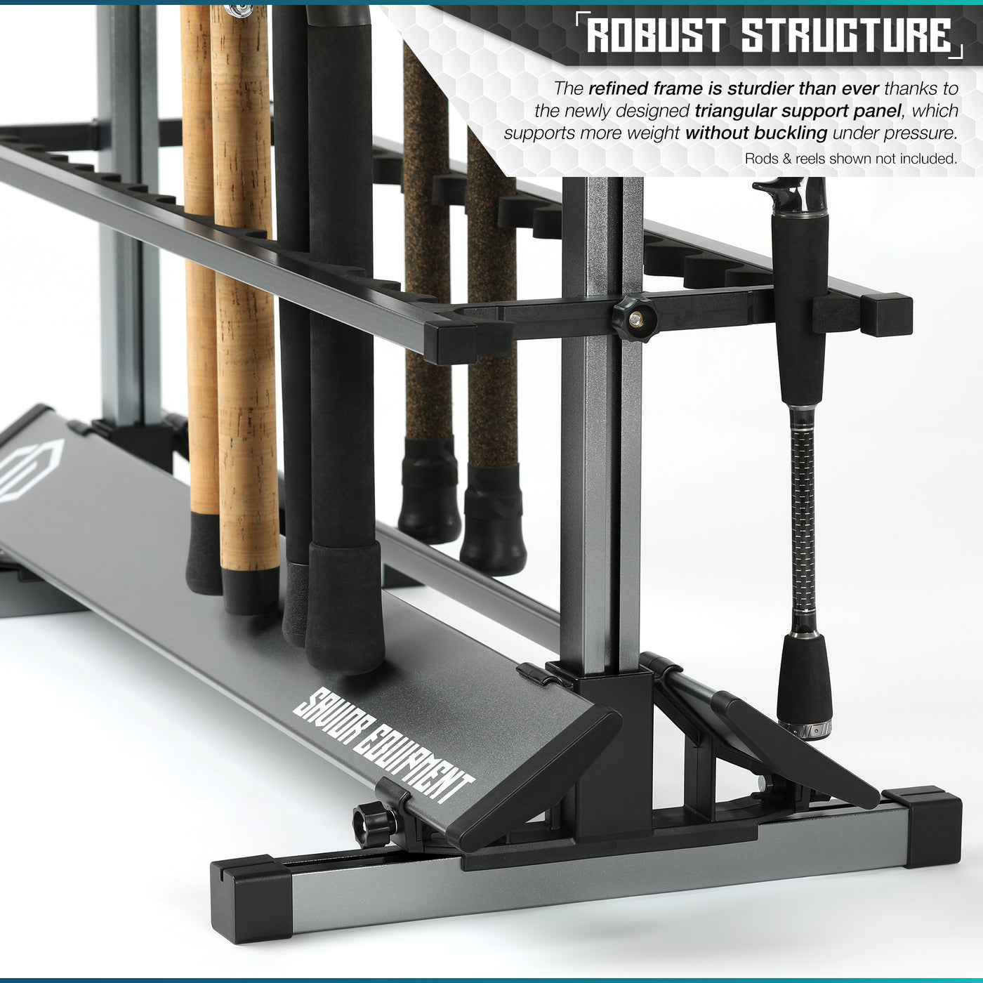 Robust Structure - The refined frame is sturdier than ever thanks to the newly desgined triangular support level, which supports more weight without buckling under pressure. Rods & reels shown not included.#color_gunmetal-gray