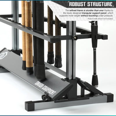 Robust Structure - The refinded frame is sturdier than ever thanks to the newly desgined triangular support level, which supports more weight without buckling under pressure. Rods & reels shown not included.