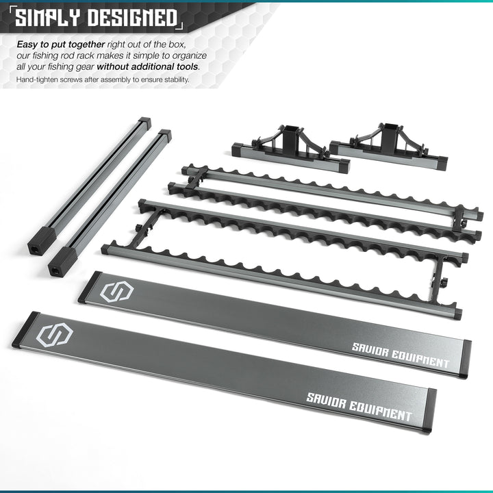 Simply Designed - Easy to put together right out of the box, our fishing rod rack makes it simple to organize all your fishing gear without additional tools. Hand-tighten screws after assembly to ensure stability.#color_gunmetal-gray#size_36-slot
