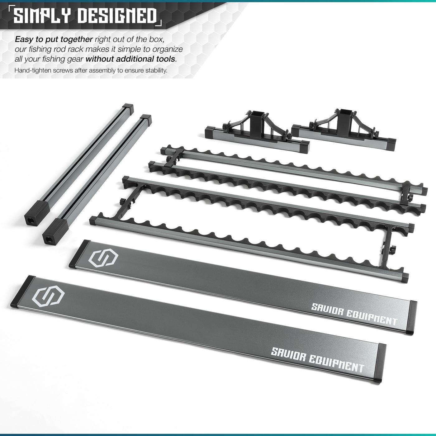 Simply Designed - Easy to put together right out of the box, our fishing rod rack makes it simple to organize all your fishing gear without additional tools. Hand-tighten screws after assembly to ensure stability.#color_gunmetal-gray