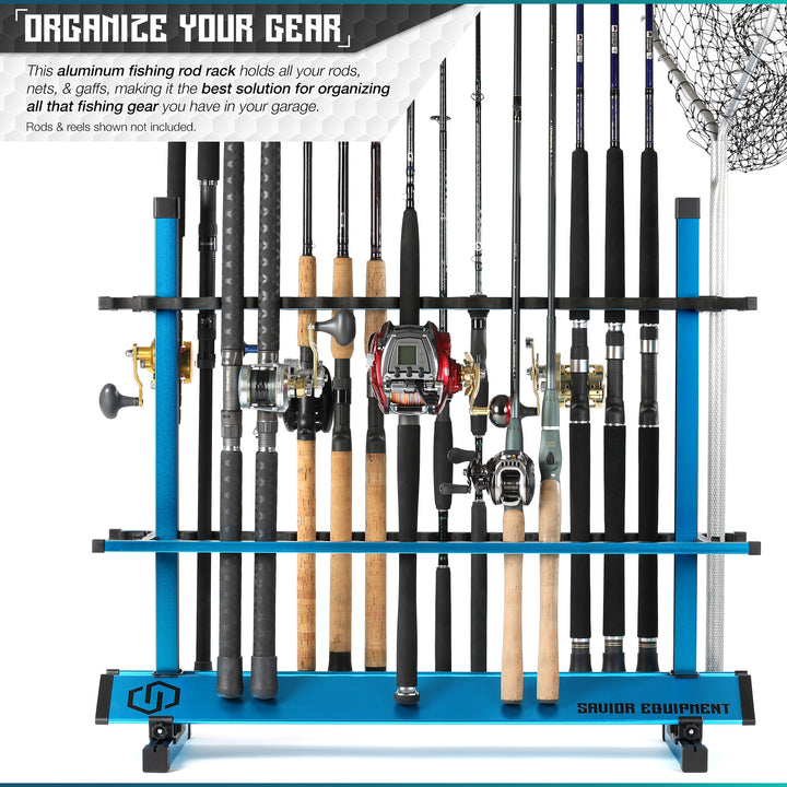 Organize Your Gear - This aluminum fishing rod rack holds all your rods, nets & gaffs. Making it the best solution for organizing all that fishing gear you have in your garage. Rods & reels shown not included.#color_ocean-blue#size_36-slot