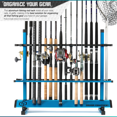 Organize Your Gear - This aluminum fishing rod rack holds all your rods, nets & gaffs. Making it the best solution for organizing all that fishing gear you have in your garage. Rods & reels shown not included.#color_ocean-blue