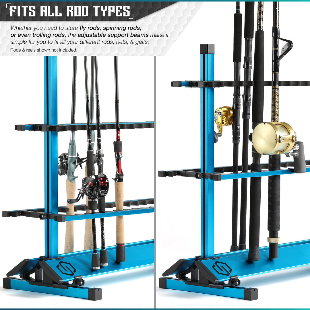 Fits All Rod Types - Whether you need to store fly rods, spinning rods, or even trolling rods, the adjustable support beams make it simple for you to fit all your different rods, nets & gaffs. Rods & reels shown not included.#color_ocean-blue#size_36-slot