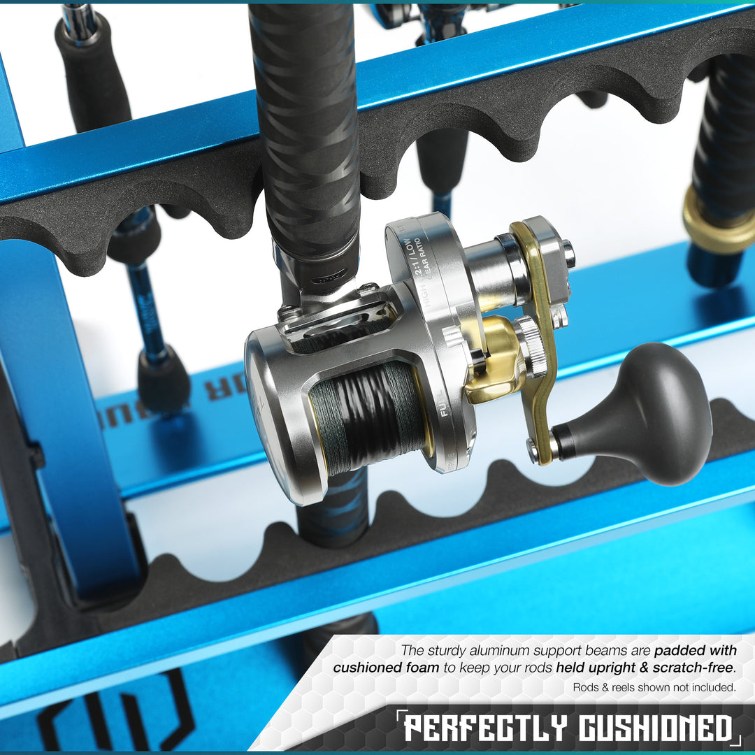 Perfectly Cushioned - The sturdy aluminum support beams are padded with cushioned foam to keep your rods help upright & scratch-free. Rods & reels shown not included.#color_ocean-blue#size_36-slot