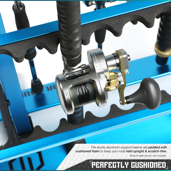 Perfectly Cushioned - The sturdy aluminum support beams are padded with cushioned foam to keep your rods help upright & scratch-free. Rods & reels shown not included.#color_ocean-blue#size_36-slot