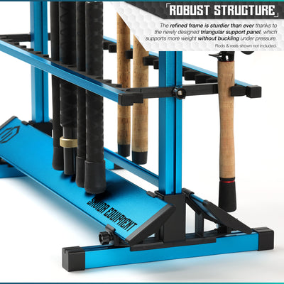 Robust Structure - The refinded frame is sturdier than ever thanks to the newly desgined triangular support level, which supports more weight without buckling under pressure. Rods & reels shown not included.