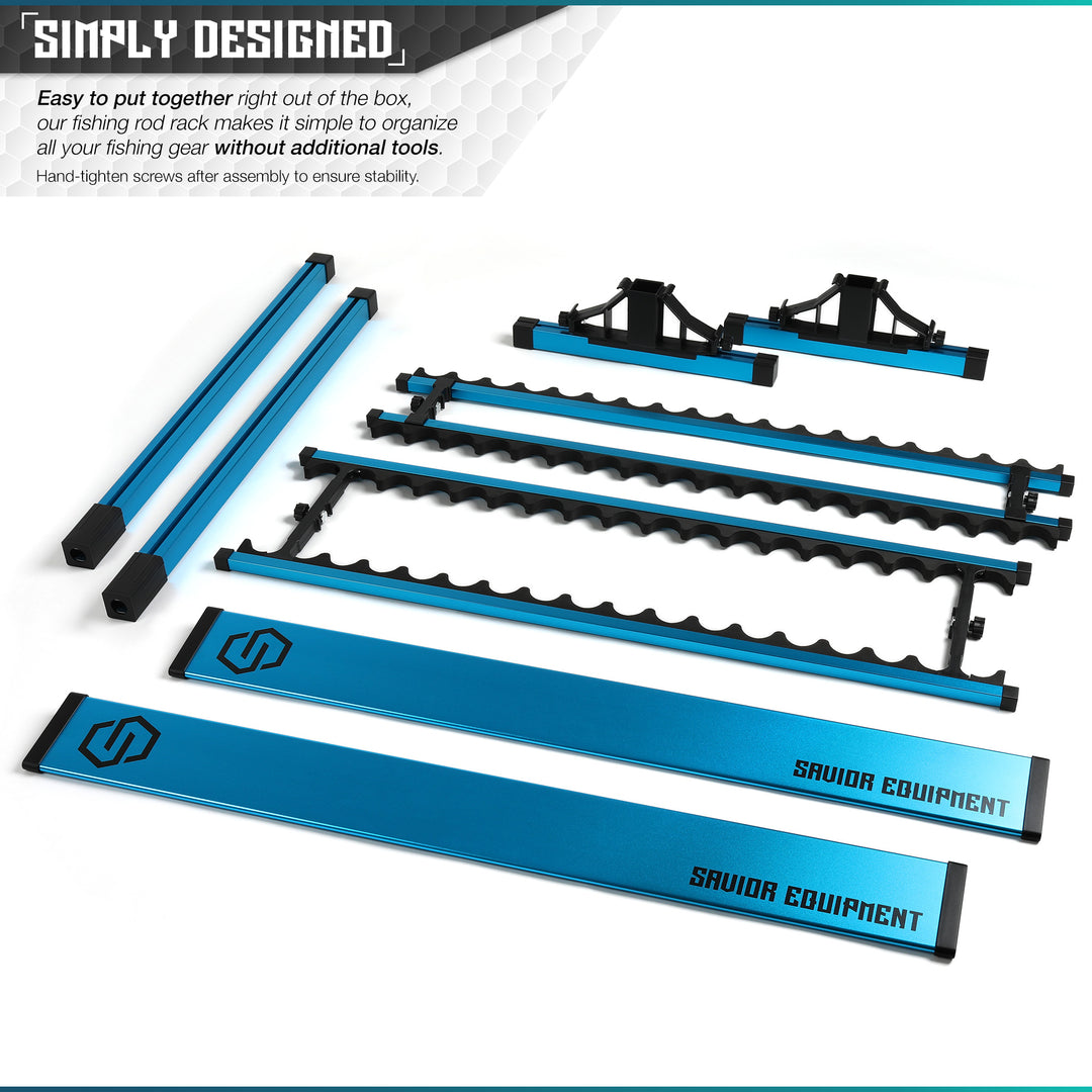 Simply Designed - Easy to put together right out of the box, our fishing rod rack makes it simple to organize all your fishing gear without additional tools. Hand-tighten screws after assembly to ensure stability.#color_ocean-blue#size_36-slot