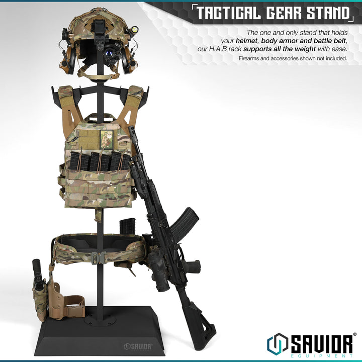Tactical Gear Stand - The one and only stand that holds your helmet, body armor and battle belt, our H.A.B rack supports all the weight with ease. Firearms & accessories shown not included.#color_obsidian-black