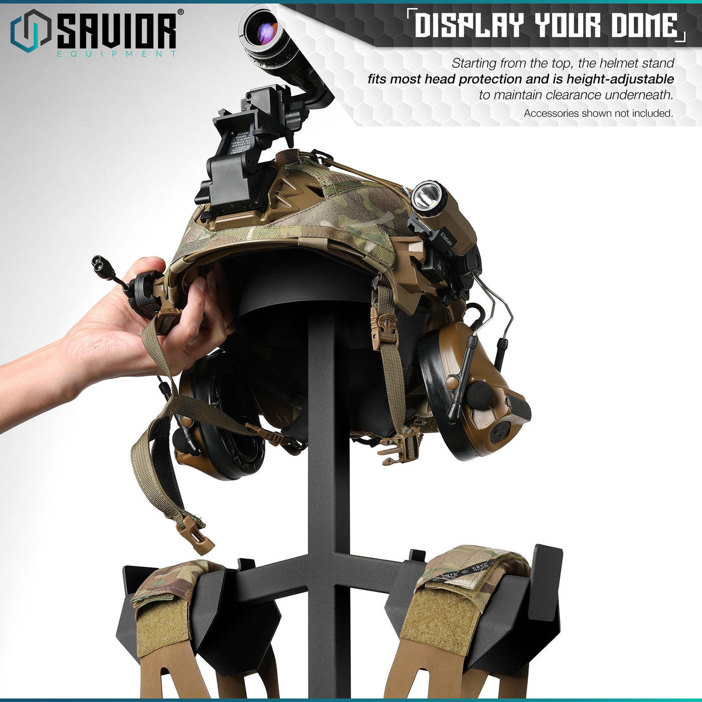 Display Your Dome - Starting from the top, the helmet stand fits most head protection and is height-adjustable to maintain clearance underneath. Accessories shown not included.#color_obsidian-black