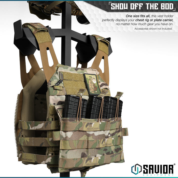 Show Off The Bod - One size fits all, this vest holder perfectly displays your chest rig or plate carrier, no matter how much gear you have on. Accessories shown not included.#color_obsidian-black