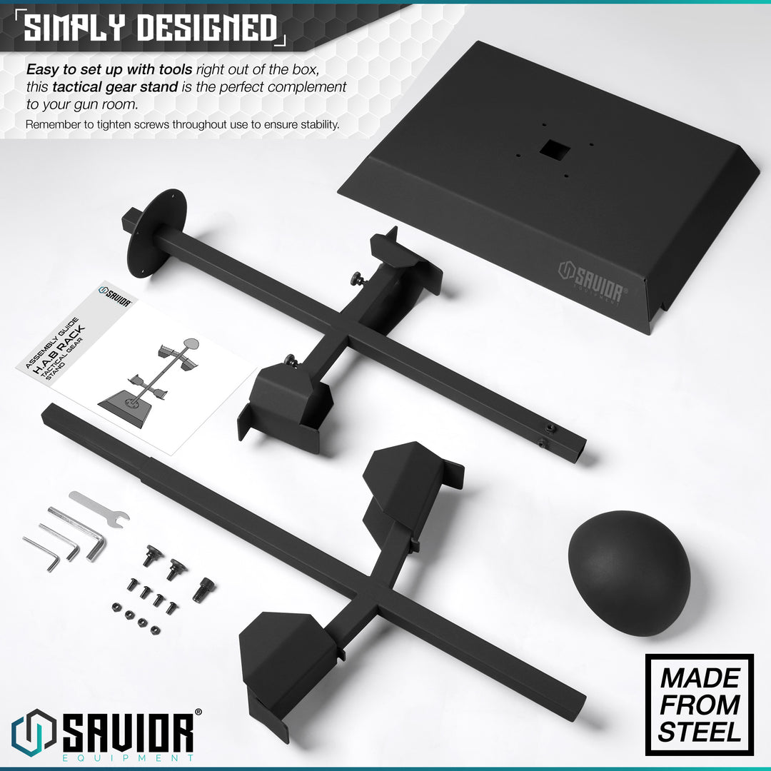 Simply Designed - Easy to set up with tools right out of the box, this tactical gear stand is the perfect complement to your gun room.One stand to rule them all, our H.A.B rack is as simple as it sounds. It displays your helmet, armor/chestrig, belt and is a perfect complement to any gun room. Remeber to tighten screws throughout use to ensure stability.#color_obsidian-black